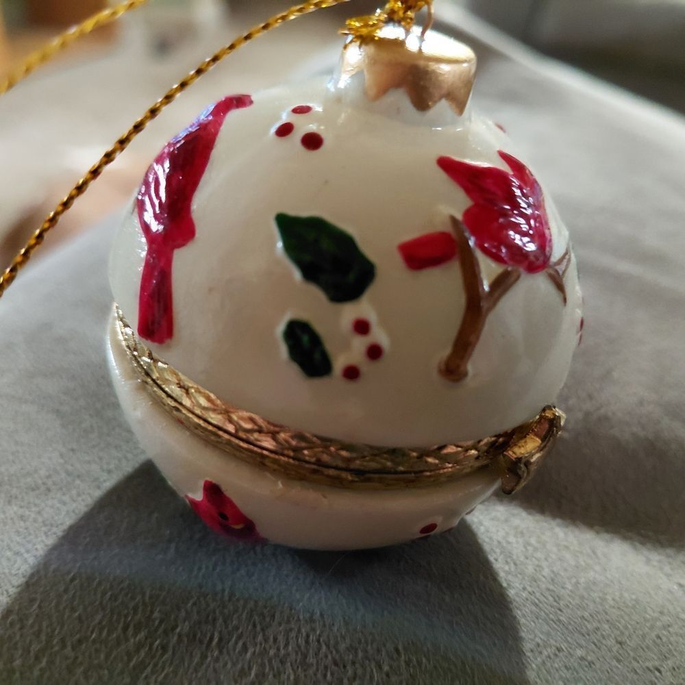 Holiday Ceramic Hinge Ornament in White with Red and Green Accents